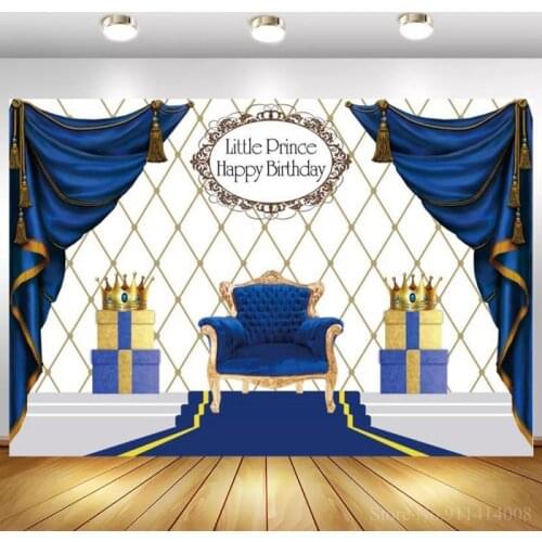 Little Prince Princess Happy Birthday Photography Backdrop Headboard Wall Royal Blue Red Curtain Cake Table Background Decor