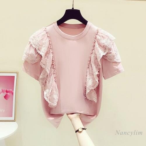 Heavy Handmade Lace Bead Patchwork Ruffled Round Neck Short Sleeve T-shirt Female 2021 Summer New Casual Top Fashion Womens Tee