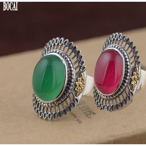 BOCAI 2020 Real S925 pure silver fashion jewelry Thai silver ring for women mosaic Chalcedony Adjustable woman rings