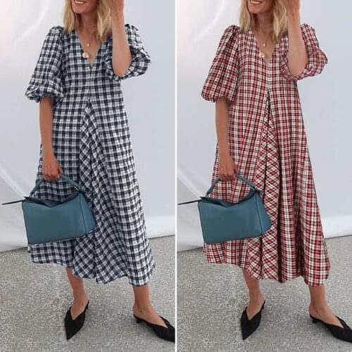 Summer Beach Dress Bohemian Puff Sleeve Women Plaid Print Sundress V-Neck Short Sleeve Boho Style Long Maxi Dress Vestidos