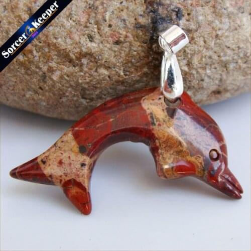 Natural Stone Red River Stone Carving Dolphin Amulet Pendant Free Necklace Fish Fashion Animal Blessing Lucky Jewelry HS037