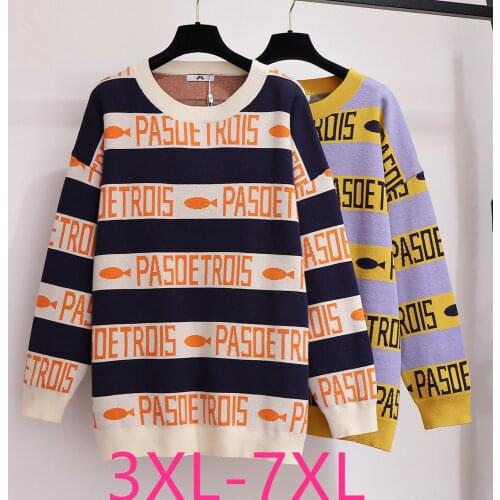 New autumn winter plus size tops for women large casual loose long sleeve stripe O neck sweater pullover 3XL 4XL 5XL 6XL 7XL