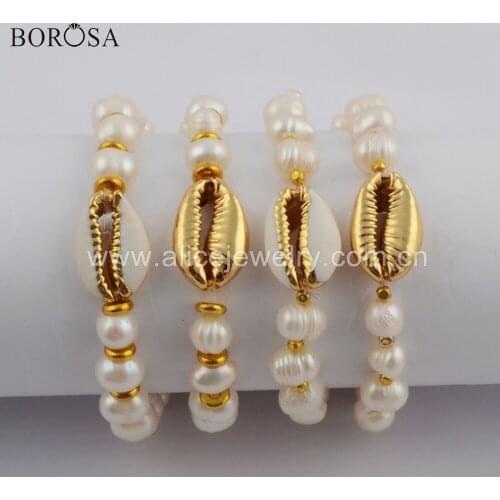 BOROSA wholesale Gold Electroplated Natural Cowrie Shell & Natural Freshwater Pearl Beads Bracelets Bangle Pearl Jewelry HD0074