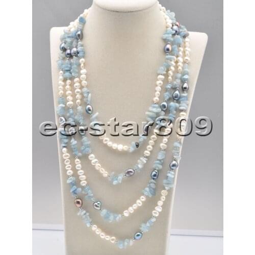 P6739 Long 50“ 100" White Black Baroque Pearl Blue Aquamarine Detritus Necklace Choker