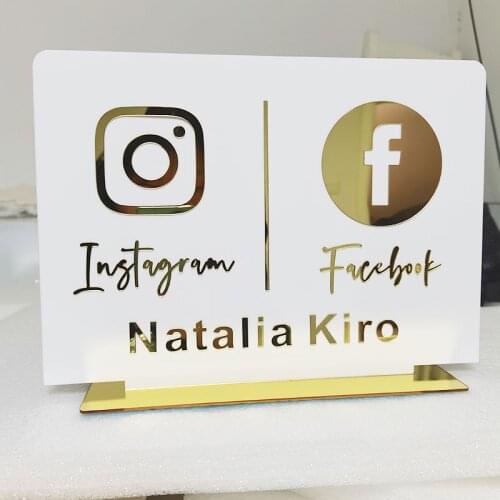 Custom Instagram Facebook White Table Sign Personalized Mirror Gold Acrylic Laser Cut Instagram Facebook Shop Store Sign
