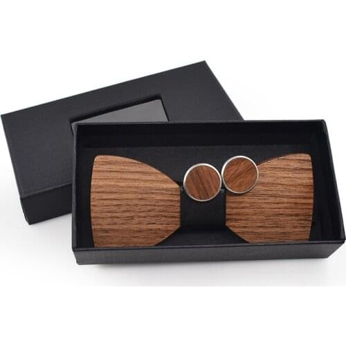 Dropshipping fashion commercial business gift set formal men women walnut wooden bowtie with cufflink package