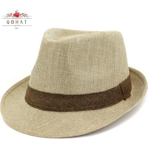 QBHAT Stingy Brim Cotton Blends British Style Jazz Hat Men Women Spring Summer Fedoras Gangster Cap with Ribbon Beach Sunhat