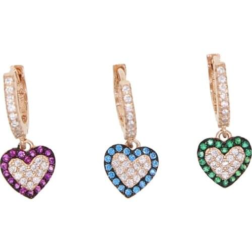Heart dangle drop earring micro pave sparking bling cz red green blue colorful 925 sterling silver charm earrings