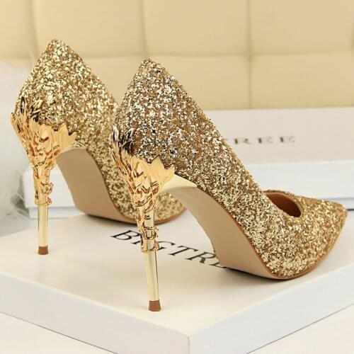 Sexy Womens Shoes On Heels Sequined Cloth Womens Pumps Metal Decoration Heels Ladies High Heel Shoes For Women Wedding Shoes