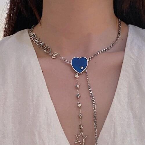 SRCOI Vintage Blue Enamel Heart Adjustable Tassel Necklace Titanium Steel Long Star Chain Sweater Chain Pendant Fashion Jewelry