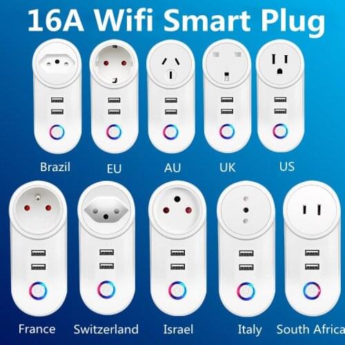 WiFi Smart Plug 16A EU AU UK Brazil Socket + 2.1A Dual USB Charger Tuya Smart Life APP Alexa Google Home Assistant Voice Control