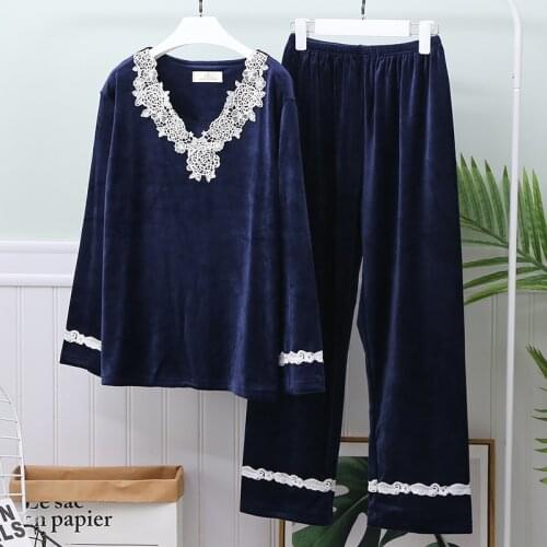 Womens Velvet Pajamas Sex V-Neck Hot Warm Sleepwear Set Women Pajama Set 2Pcs Velour Pullover Long Pants Lingerie Homewear