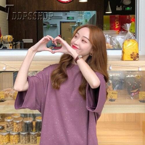 Pure Color Bling Casual Women T Shirt 2019 Summer Harajuku Round Neck Female Tee Shirts