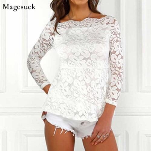Sexy Hollow Out Slash Collar Lace Tops Autumn 2020 New Long Sleeve Blouse Women Causal Feminine Blouse White Blouse Blusas 10435