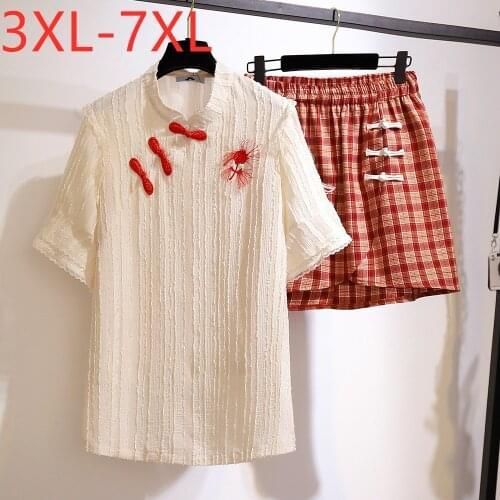 New 2021 ladies summer Chinese style plus size women large loose T-shirt and plaid mini skirt two piece set 3XL 4XL 5XL 6XL 7XL