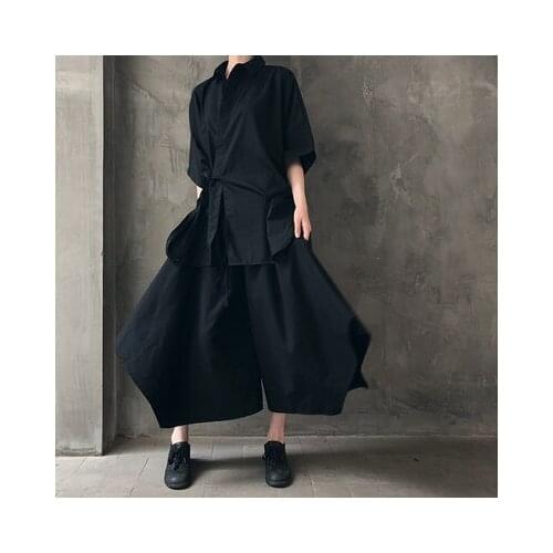 Dark Wind world-weary tie with short-sleeved shirt woman + irregular loose leg trousers skirt skirt skirt half-length womens su