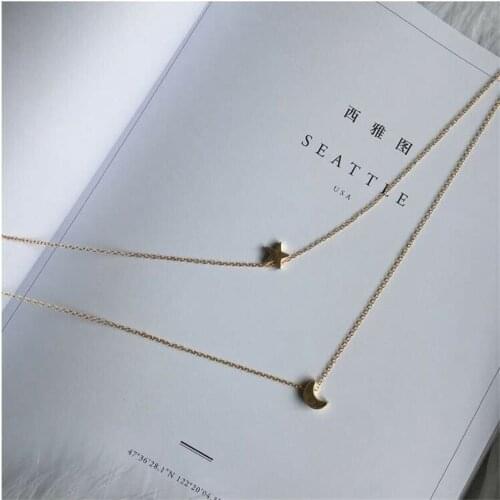 Necklace Womens Choker Silver color Long Pendant Star And Moon Double Layer Chain Gold
