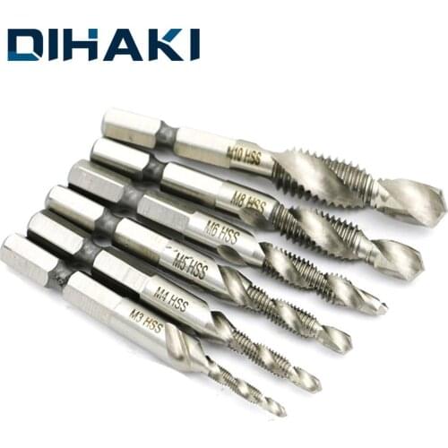 6pcs Hex Screw Tap Drill Bits Hss Taps Countersink Deburr Set M3-M10 1/4 IN Metric Combination Bit High Speed Steel Quick Change