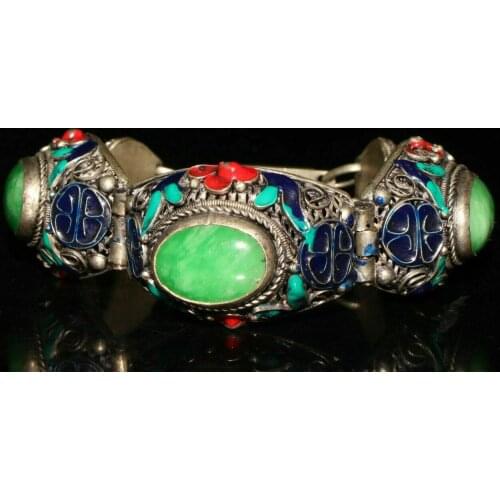 8.27" Exquisite Chinese White copper Cloisonne inlay Jade Handmade Bracelet