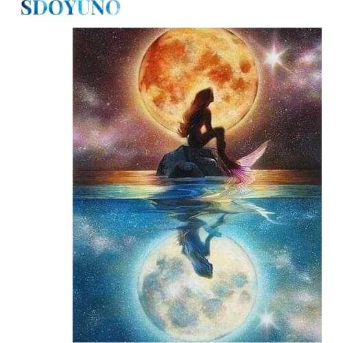 SDOYUNO 5d Diamond Painting Full Square/Round Drill Mermaid Scenery Diamond Embroidery Paintings Moon Cross Stitch Home Decor