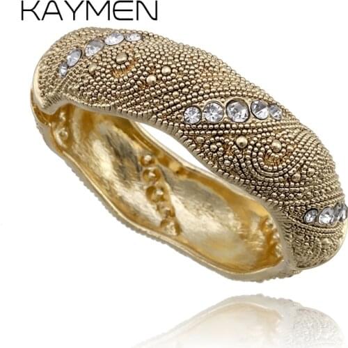 KAYMEN Fashion Vintage Bangle For Women Antique Golden Plated Rhinestones Cuff Bangle Bracelets Party Jewelry