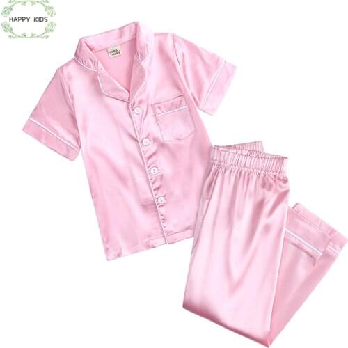 Summer Pajama Sets for Girls Silk Satin Top+Pant Long sleeve Solid Silky Pyjamas Nightgown Children Sleepwear for Boys Clothes
