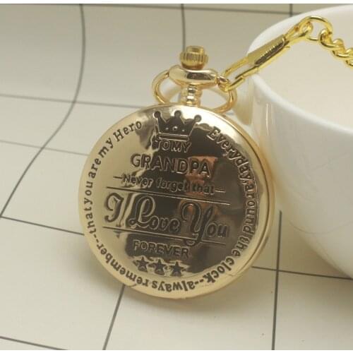 To My Grandpa Quartz Pocket Watch I LOVE YOU FOREVER Laser Engraved Necklace Chain Clock Gold Watches Grandfather Birthday Gift