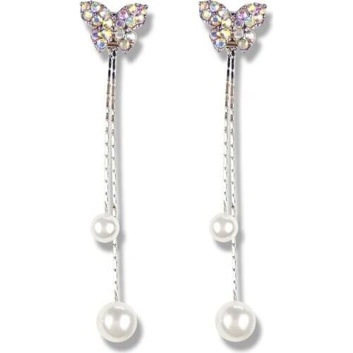 Two Ways To Wear Two Color Zircon Butterfly Peral String Long Earrings For Women Charm Drop Earrings Wedding Party Gift Jewelry