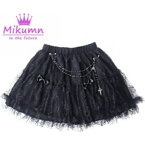 Gothic Skirt Punk Metal Chain Black Bow Sexy Lace Skirts Lolita Sweet Ball Gown Mini Short Skirts