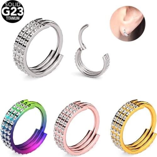 1Pc G23 Titanium Nose Rings Piercing Three Rows CZ Hinged Segment Nipple Clicker Ear Cartilage Helix Lip Stud Piercing Jewelry