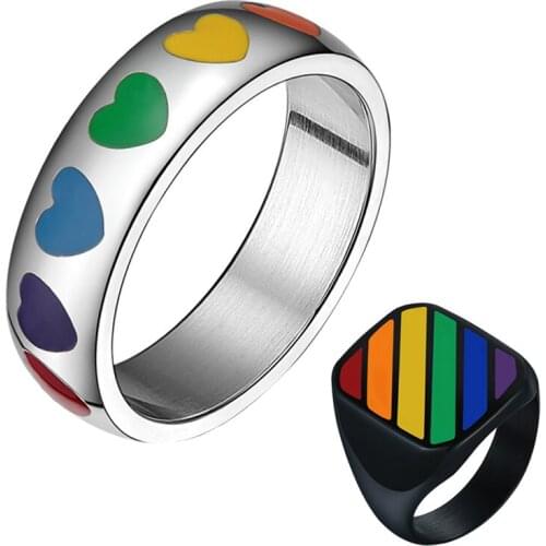 Titanium Steel Heart Colorful Rainbow Ring for Women Men Multi Color Couple Rings Valentines day Gifts