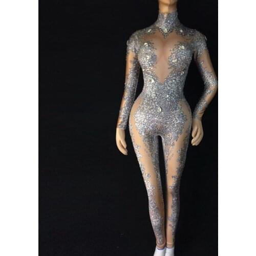 Womens Sexy Rhinestone Bodycon Clubwear Ladies Long Sleeve Fashion Slim Dance Party Show Jumpsuit Romper
