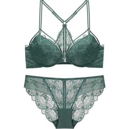 Embroidery Lace Front Closure Backless Bra and Panties Set Push Up Underwear with Stones Women Lingerie French Bra 2020 New