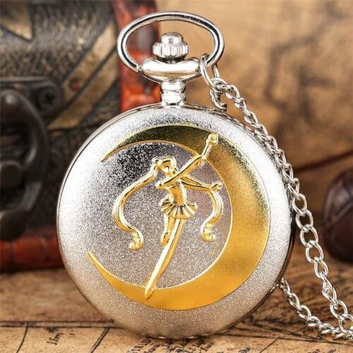 Classic Sailor Moon Theme Quartz Pocket Watch Roman Numerals Display Dial Silver Necklace Pendant Chain Best Gifts for Girls