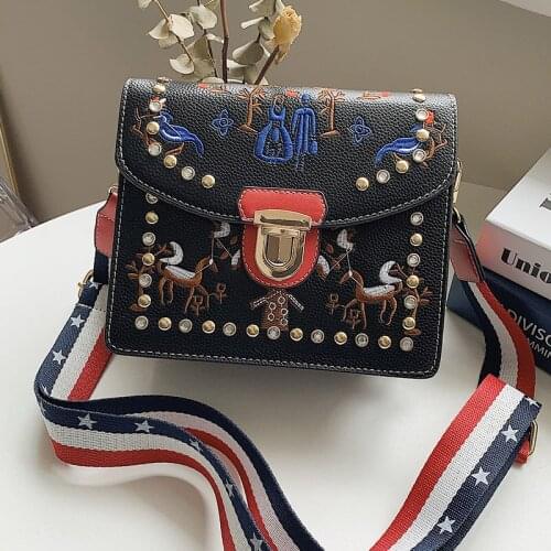 Embroidery Small Crossbody Bags Vintage Designer Handbags for Women 2021 Fashion Square Womens Bag Broadband Rivet Shoulder Bag