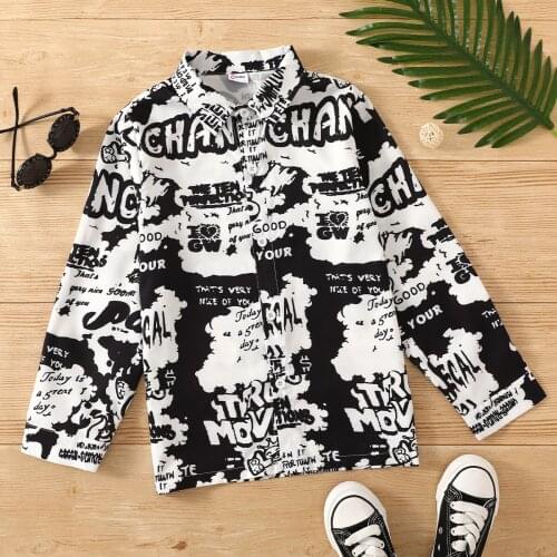 PatPat Trendy Kid Boy Letter Print Button Down Colorblock Streetwear Long-sleeve Shirt