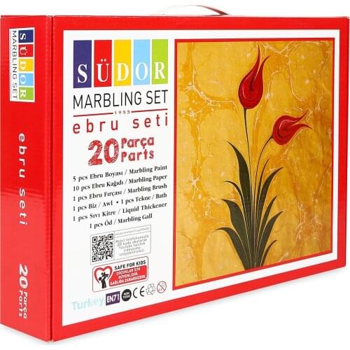 Turkish Marbling Paint Kit Art Set Hobby A4 Size 10 Pcs Paper 1 Brush, Awl, Bath, Liquid Thickener, Gall