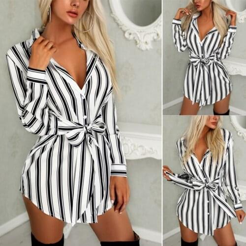 Hot 2019 Sexy Womens Summer Long Shirt Belt Long Sleeve Striped Casual Party Mini Dress Ladies Tops Plus Size