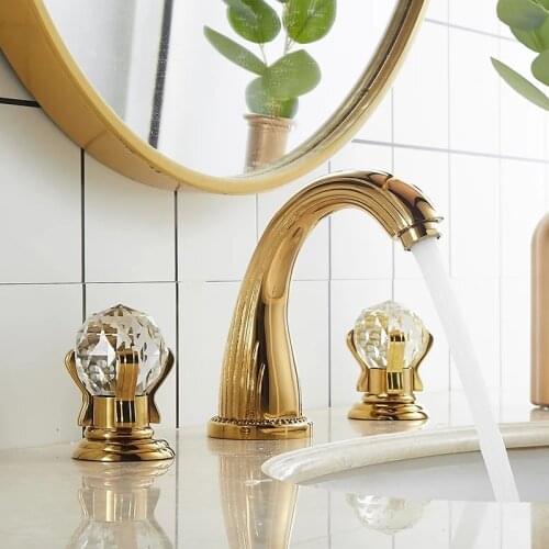 Gold-plated Solid Brass Double crystal Handle Three Hole Basin Faucet Deck Mounted Bathroom Sink Faucet Hot Cold Water Mixer Tap