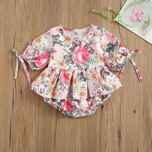 Pudcoco Newborn Baby Girls Romper Flower Print Short Sleeve Round Neck Jumpsuit One-piece Suit for Photography Birthday Party