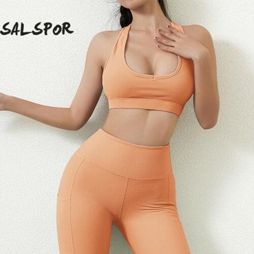 SALSPOR Thread Yoga 2 Piece Suit Women Beautiful Back Bra Pocket Running Leggings Sportswear Gym Fitness Outdoor Cycling Clothes