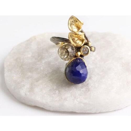 Blue Lapis Lazuli and White Leaf Zircon Gold Plated Womens Silver Ring, Woman 925 Silver Zircon Handmade Ring, Oval Zircon