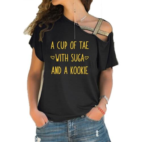 Tae Suga Kookie T-Shirt Agust D T Shirt Women Casual A Cup of Tea Min Yoongi Cotton Plus Size Irregular Skew Cross Bandage Top