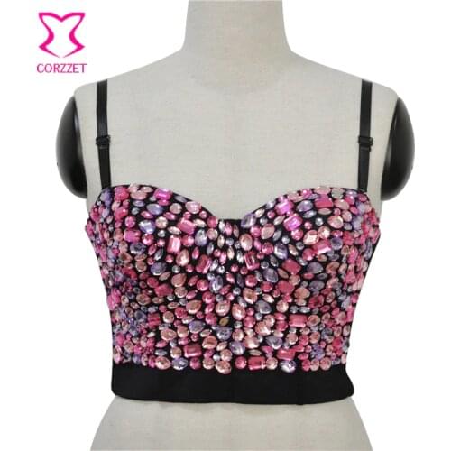 Pink Crystal Diamond Sexy Women Punk Rock Push Up Bras Studded Party Crop Burlesque Dancing Club Bra Bralet Bustier Clothing