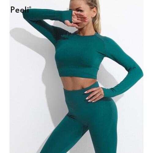 Peeli Long Sleeve Yoga Set Gym Clothes Fitness Seamless Sports Suit Women Crop Top High Waist Leggings Set Sportswear Tracksuits