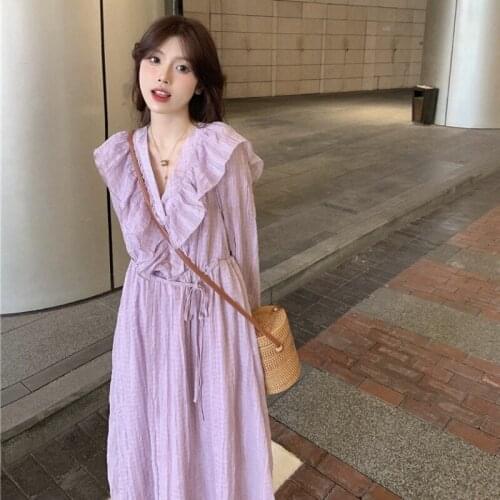 Herstory 2021 Spring and Autumn Waist V-neck Ruffled Long-sleeved Dress Women French Retro Niche Folds Solid Color Chiffon Dress