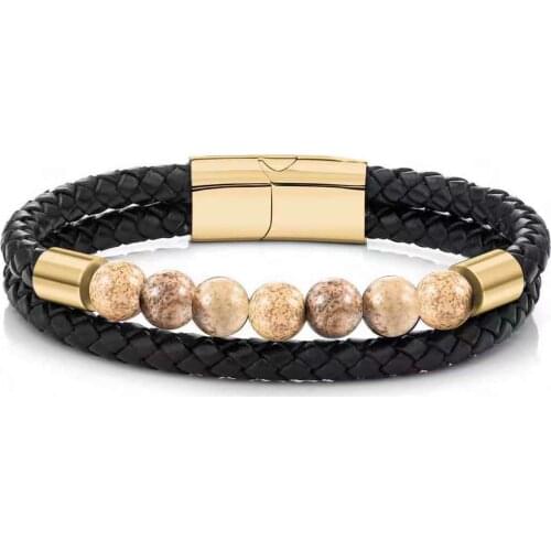 2021 crossborder hot sale DIY gold stainless steel magnetic clasp 8mm stone handmade leather bracelet