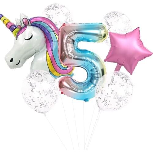 7Pcs Rainbow Unicorn Party Balloons Unicorn Girls Birthday Decoration Number Balloon Kids Happy Birthday Party Decoration