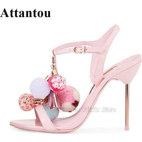 Celebrity High Heel Sandals Plush Colorful Balls Decor Metal Blade Heeled Shoes With Chains Dress Party Feminine Shoe
