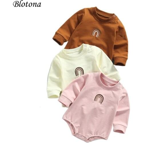 Blotona Baby Spring Autumn Rompers, Rainbow Embroidery Long-Sleeves Jumpsuit with Crotch Buttons for Toddlers Girls, Boys, 0-24M